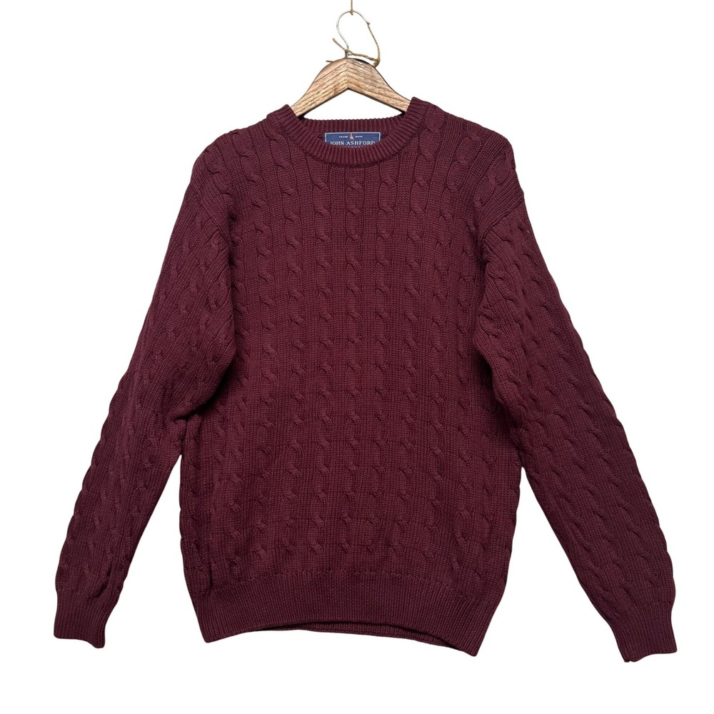 Vtg Mens Size XL Pullover Long Sleeve Sweater Burgundy Chunky Cable Knit Grandpa